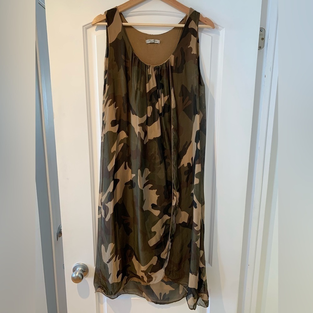 Elena Baldi Dress Sleeveless Camo Green Brown Silk Blend Size Medium Midi Italy